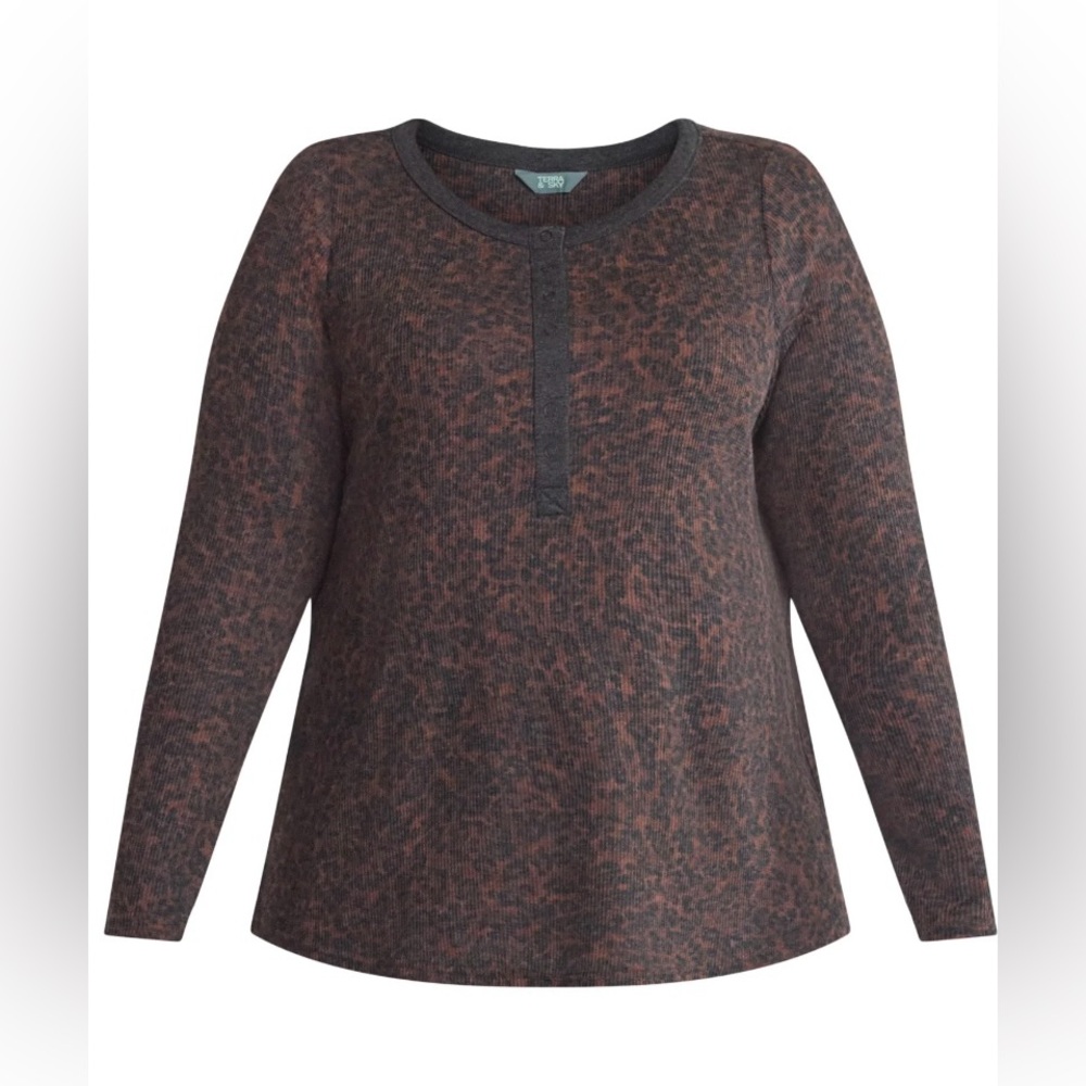 Terra &‎ Sky Waffle Knit Henley Top Leopard Sienna Brown Plus Size 0X 14W NWT